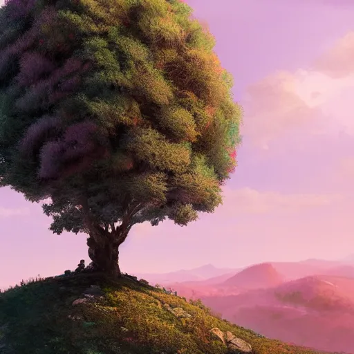 Prompt: a beautiful illustration of a lonely tree on top of a huge hill, wind, pink quartz dome shaped hill, 4 k, hyper detailed, ray tracing, trending on artstation, in the style of magic the gathering