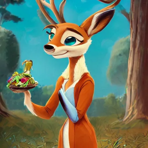 Image similar to female, anthropomorphic deer, style of disney princess, and zootopia