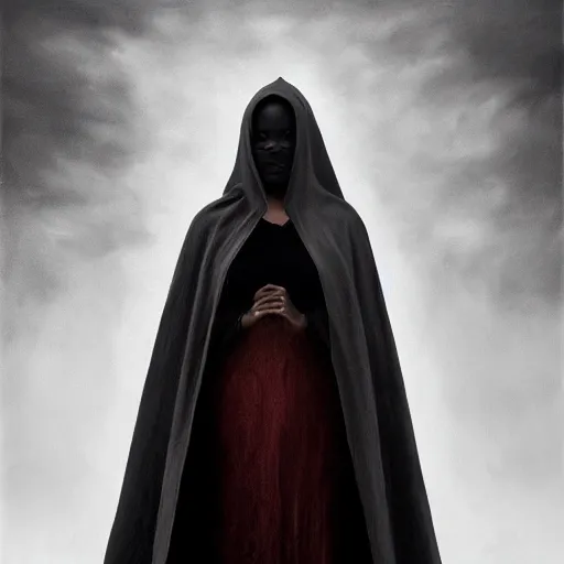 Image similar to a portrait of a young black woman wearing a long dark cloak, hood and shadows covering face, anatomically correct, beautiful perfect face, enigmatic, oil painting, matte painting, black background, Volumetric dynamic lighting, Highly Detailed, Cinematic Lighting, Unreal Engine, 8k, HD, by Beksinski