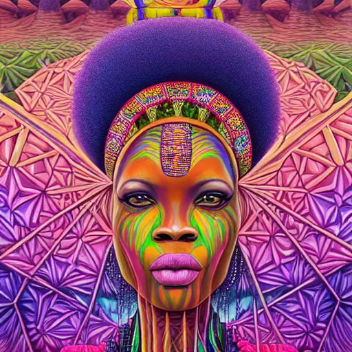 Prompt: a regal and heroic african queen with a colorful afro sitting in a cabana near a large steampunk pyramid near a pink river with a large glowing baobab tree, by amanda sage and alex grey and evgeni gordiets in a surreal psychedelic style, symmetrical, detailed eyes, oil on canvas 8k, hd