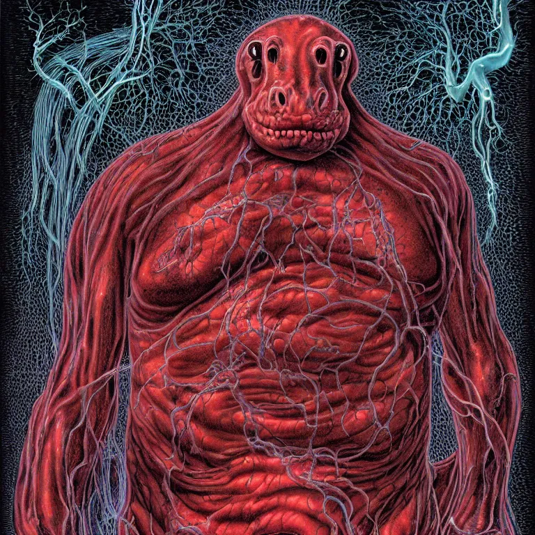 Prompt: a ghostly haunting flesh eating hippo, arteries, drops of blood, vibrant color, by Giger and Jeffrey Smith and Emek Golan