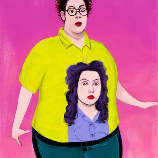 Image similar to colorful and festive cute young plus size todd solondz with tan skin, clear sharp todd solondz face, wearing yellow floral blouse. full body, rich vivid pastel colors, ambient lighting, dynamic lighting, 4 k, atmospheric lighting, painted, intricate, highly detailed by francis bacon and charlie bowater