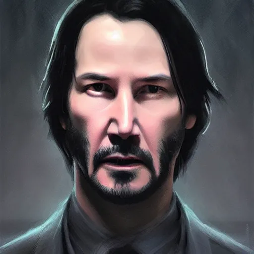 Image similar to keanu reeves as a square headed robot, closeup portrait by greg rutkowski, realistic face, digital art,