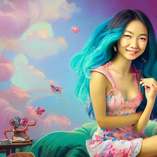 Prompt: young cute asian woman with flowing hair dressed in a small top sitting on bed, she is smiling, rendered in octane, photorealism, by Ansel Adams David Suh Lisa Frank Peter Mohrbacher Artgerm