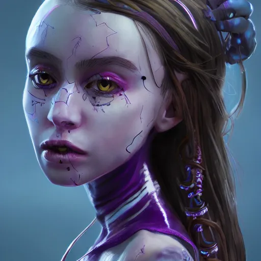 Image similar to artstation young teen with purple eyes and tiny and very thin tentacles on her head, furious, very detailed, portrait, high contrast, unreal engine 5