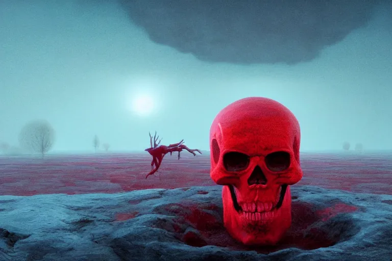 Image similar to a hd render of a floating red skull, surreal frozen landscape, cinematic lighting, by beeple and zdzisław beksinski