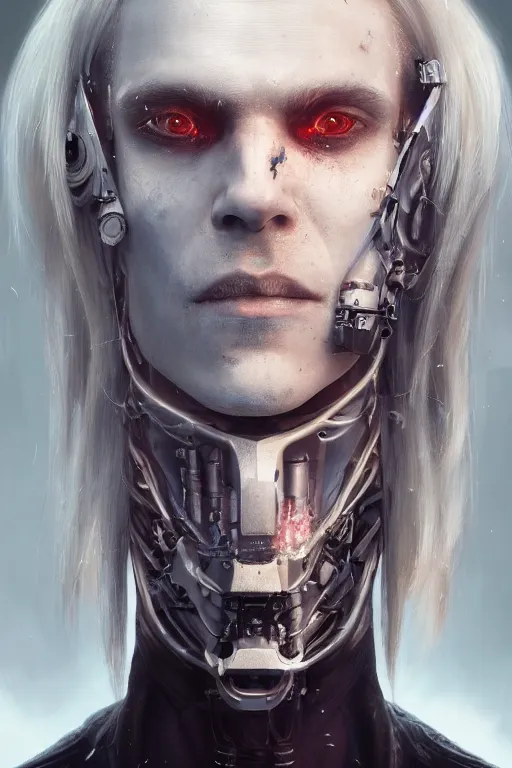 Image similar to a portrait of a toned male cyborg with long white hair and pale skin with joints still visible by greg rutkowski, sung choi, mitchell mohrhauser, maciej kuciara, johnson ting, maxim verehin, peter konig, bloodborne, 8 k photorealistic, cinematic lighting, hd, high details, dramatic, dark atmosphere, trending on artstation