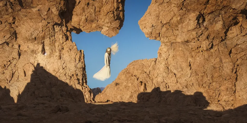 Prompt: levitating ghost veiled silhouette with full - face golden bright reflective mask in a dry rocky desert landscape, visible sky and sunny atmosphere, floating rocks, flying rocks and fata morgana and giant mirrors by alejandro jodorowsky, anamorphic lens, kodakchrome, practical effects, masterpiece, 8 k