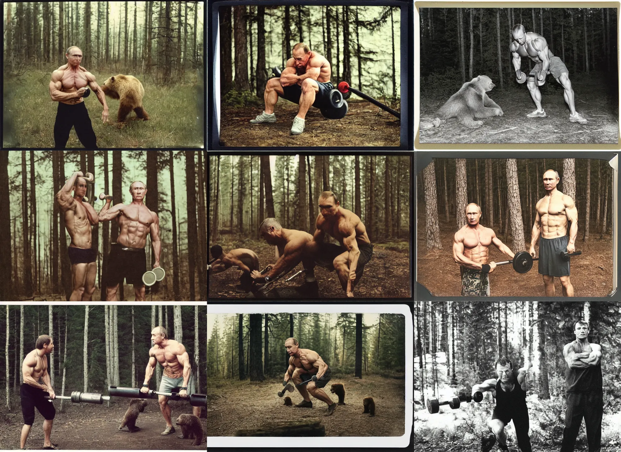 Prompt: medium shot, very muscular vladimir putin pumping iron with grizzly bear, in woods, polaroid photo, vintage, neutral colors, by gregory crewdson