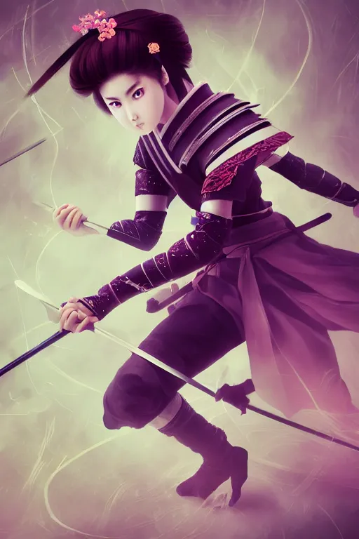 Image similar to highly detailed beautiful photo of a young female samurai, practising sword stances, symmetrical face, beautiful eyes, realistic anime art style, 8 k, award winning photo, pastels, action photography, 1 / 1 2 5 shutter speed, dramatic lighting