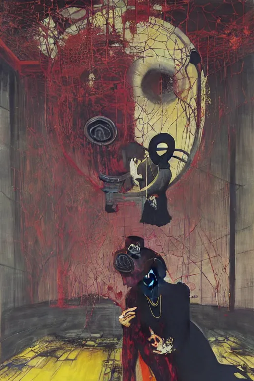 Image similar to the physical impossibility of death, two skinny old people wearing gas masks inside a brutalist designed space ship, gothic, rich deep colours, painted by francis bacon, adrian ghenie, james jean and petra cortright, part by gerhard richter, part by takato yamamoto. 8 k masterpiece