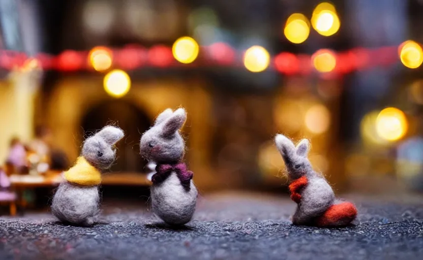 Image similar to miniature cafe diorama macro photography, cafe with felted bunnies on a date, alleyway, ambient, atmospheric, british, cozy, bokeh, romantic, colorful lanterns