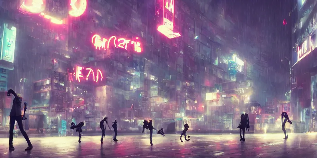 Image similar to cinematic shots of teenagers with tech clothing and hoods and futuristic gas masks making parkour on a dystopian city, neon lights, sci - fi, night lights, rain and haze, concept art, intricate, in the style of katsuhiro otomo, akira, unreal engine