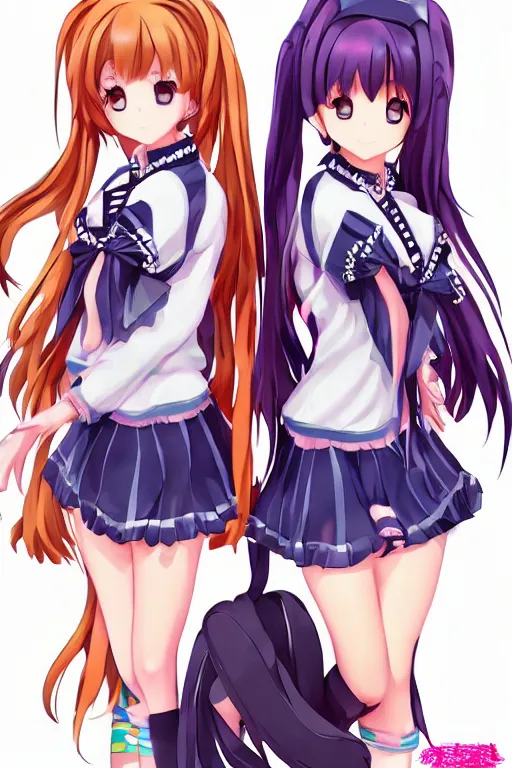 Image similar to two beautiful female idols with twin tails standing chest to chest, detailed anime art