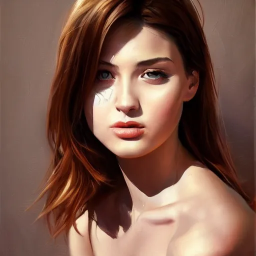 Prompt: realistic portrait beautiful painting leaning to the right, a woman about 2 0 - 2 5 years old, with average body proportions. photorealistic, good lighting, trendy, trending on artstation, smooth draw, sharp focus, trending on deviantart.