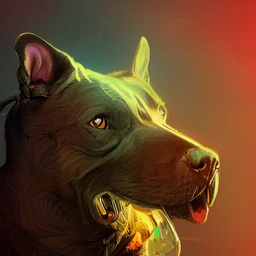 Prompt: an amazing portrait of a cute mad solarpunk pitbull. intricate, epic lighting, cinematic composition, hyper realistic, 8 k resolution, unreal engine 5, by artgerm, tooth wu, dan mumford, beeple, wlop, rossdraws, james jean, marc simonetti, artstation