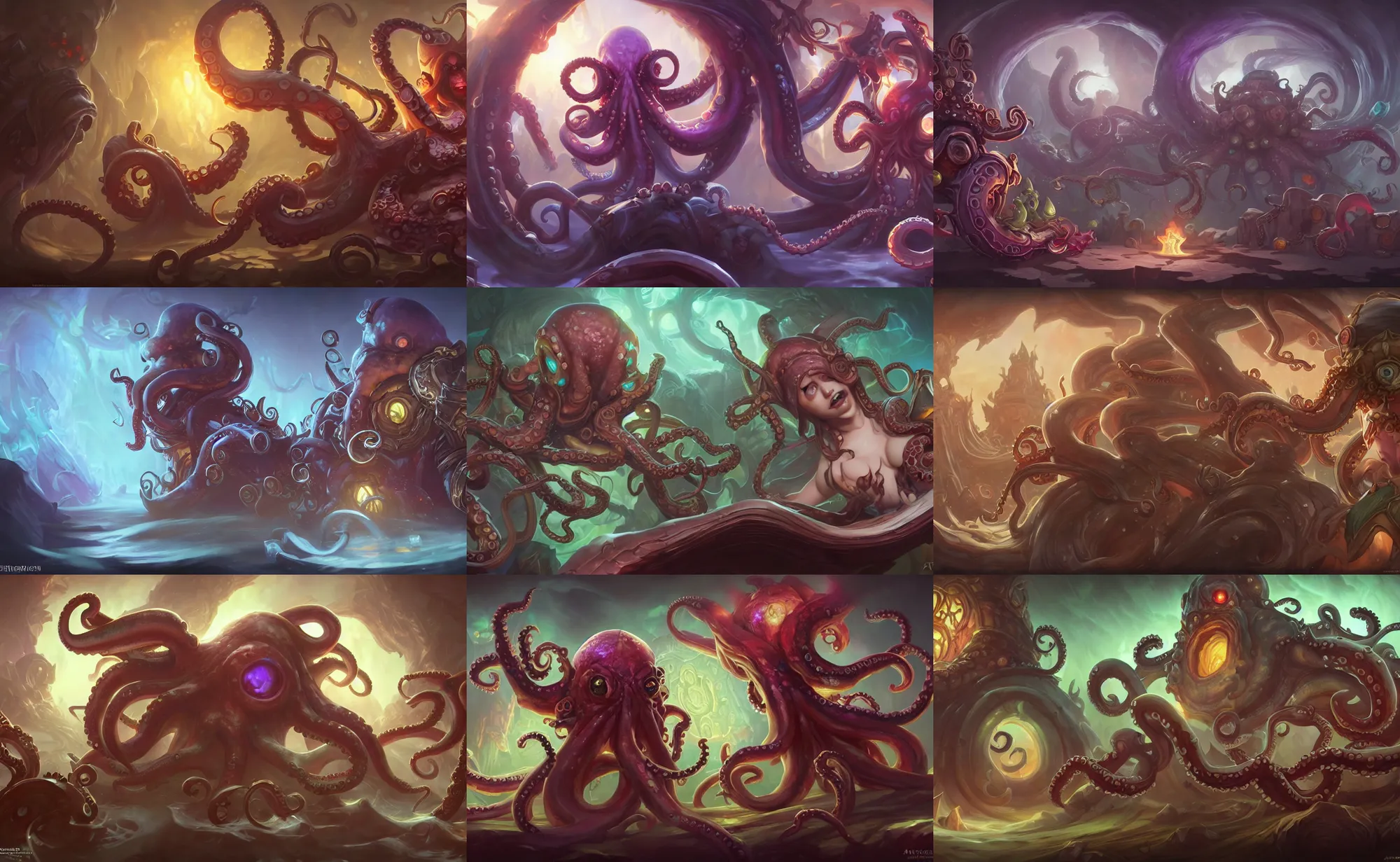 Prompt: octopus, fantasy, whimsical, horror, league of legends splash art, hearthstone splash art, world of warcraft splash art, art by artgerm, art by alphonse mucha, trending on artstation, 4 k, wallpaper