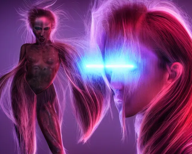 Image similar to glowing hair, complex cybernetic beings, beautiful hairy humanoids, cybermagnetosphere, cybernetic civilizations, ornate hair, love, joy, vortexes, large arrays, data holograms, 8 k, cinematic light shadows, wet hdr refractions, *, * * *, * * * * *