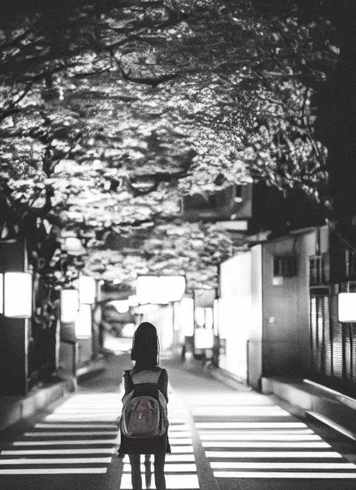 Image similar to symmetry!! a 2 8 mm photo from the back of a woman in tokyo, seen from a distance, long exposure, splash art, movie still, bokeh, canon 5 0 mm, cinematic lighting, dramatic, film, photography, golden hour, depth of field, award - winning, anamorphic lens flare, 8 k, hyper detailed, 3 5 mm film grain