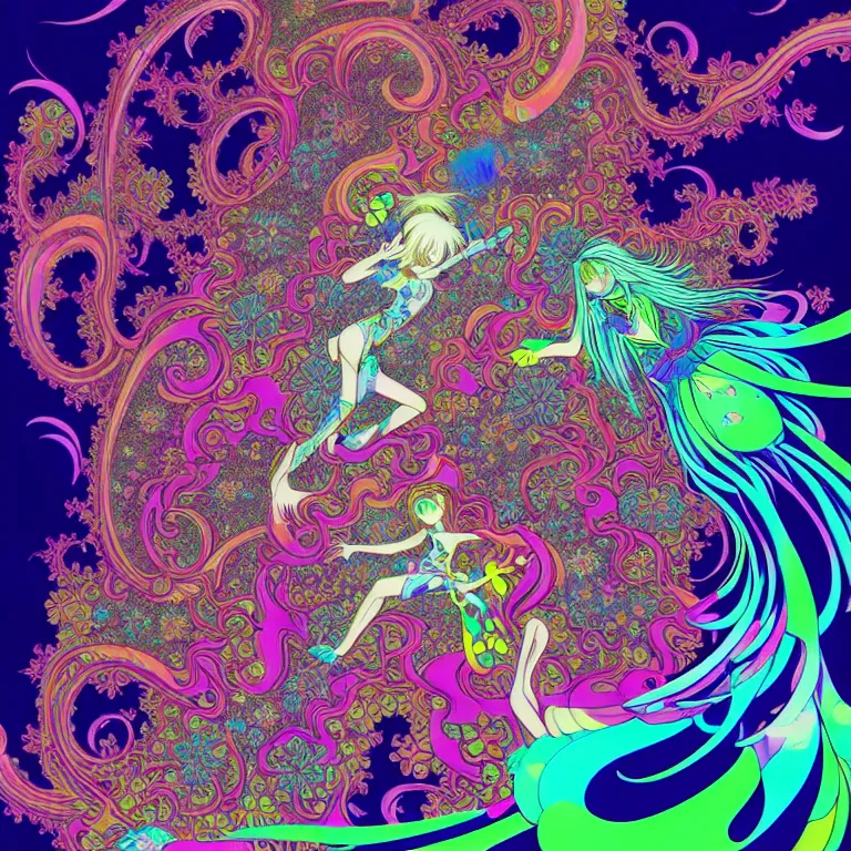Image similar to psychedelic anime girls infinite fractal worlds bright neon colors highly detailed cinematic eyvind earle tim white philippe druillet roger dean lisa frank aubrey beardsley