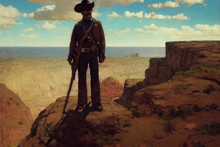 Prompt: wild west portrait of sheriff man standing at the edge of a cliff looking out, sunny day, digital art by Nerdrum John, William Waterhouse, Winslow Homer, Alex Heywood, Jordan Grimmer, Darren Quach, Greg Rutkowski, Simon Stalenhag, trending on Artstation, CGSociety