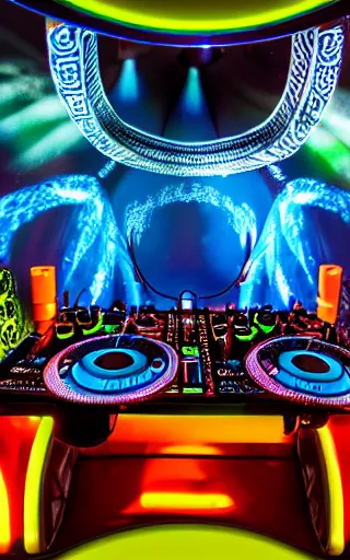 Image similar to award winning photo of an octopus! as a dj with tentacles! simultaneously placed turntables cdjs and knobs of a pioneer dj mixer. sharp, blue and fuschia colorful lighting, in front of a large crowd, studio, medium format, 8 k detail, volumetric lighting, wide angle, at an outdoor psytrance festival main stage at night