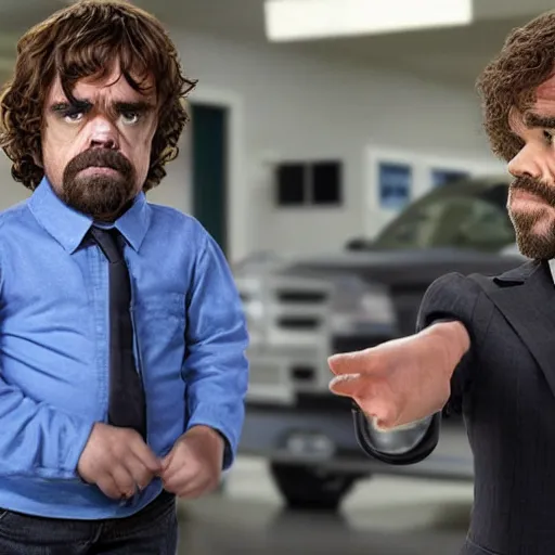 Image similar to peter dinklage as a car salesman