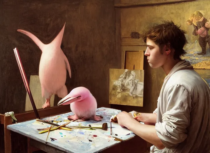 Prompt: a young painter in his studio painting a picture of a pink penguin, by edgar maxence and caravaggio and michael whelan and delacroix style, artistic, intricate drawing, cinematic lighting, hyper realistic, extremely detailed, establishing shot, 8 k resolution, dramatic lighting