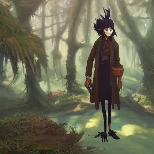 Image similar to concept art painting of an anthropomorphic crow person with steampunk clothes, in the deep forest, realistic, detailed, cel shaded, in the style of makoto shinkai and greg rutkowski and james gurney