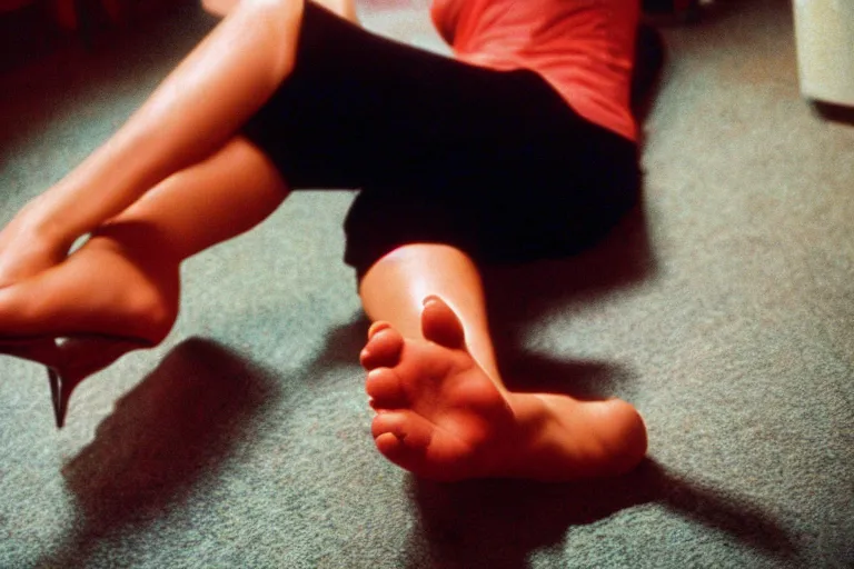 Image similar to filmic wide shot angle movie still 35mm film color photograph of a beautiful woman\'s foot pressing against something from Pulp Fiction