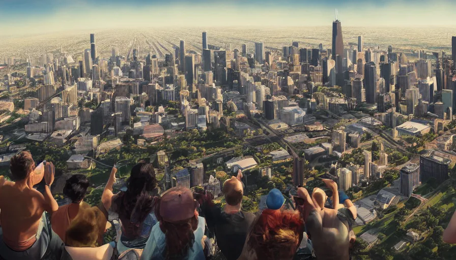 Image similar to people sitting on a hill watching chicago with helicopters above the city, hyperdetailed, artstation, cgsociety, 8 k