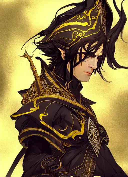 Prompt: Half body portrait of a handsome elven wind mage with short brown black hair wearing ornate dark yellow attire. In style of Yoji Shinkawa and Hyung-tae Kim, trending on ArtStation, dark fantasy, great composition, concept art, highly detailed, dynamic pose.