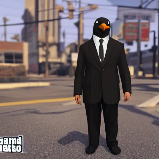 Prompt: A penguin wearing a suit in GTA V. 3D Render