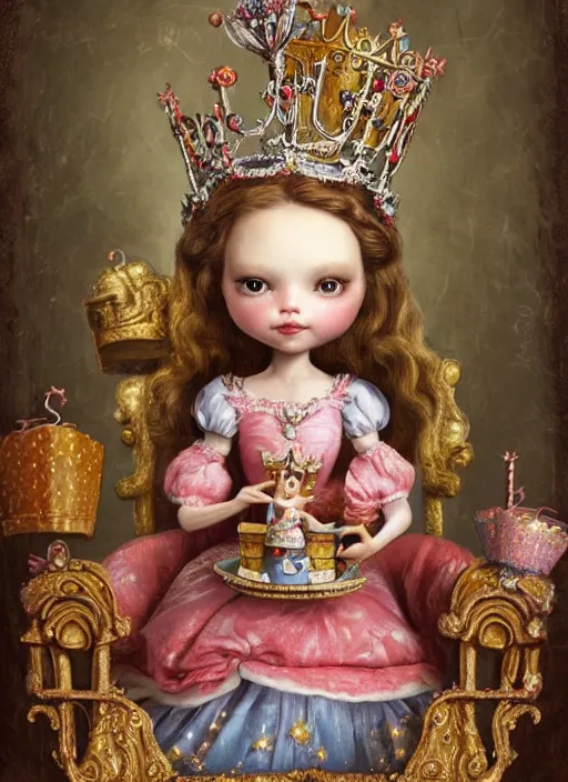 Prompt: highly detailed closeup, portrait of a tin toy fairytale princess wearing a crown and sitting on a throne eating cakes, unreal engine, nicoletta ceccoli, mark ryden, earl norem, lostfish, global illumination, detailed and intricate environment