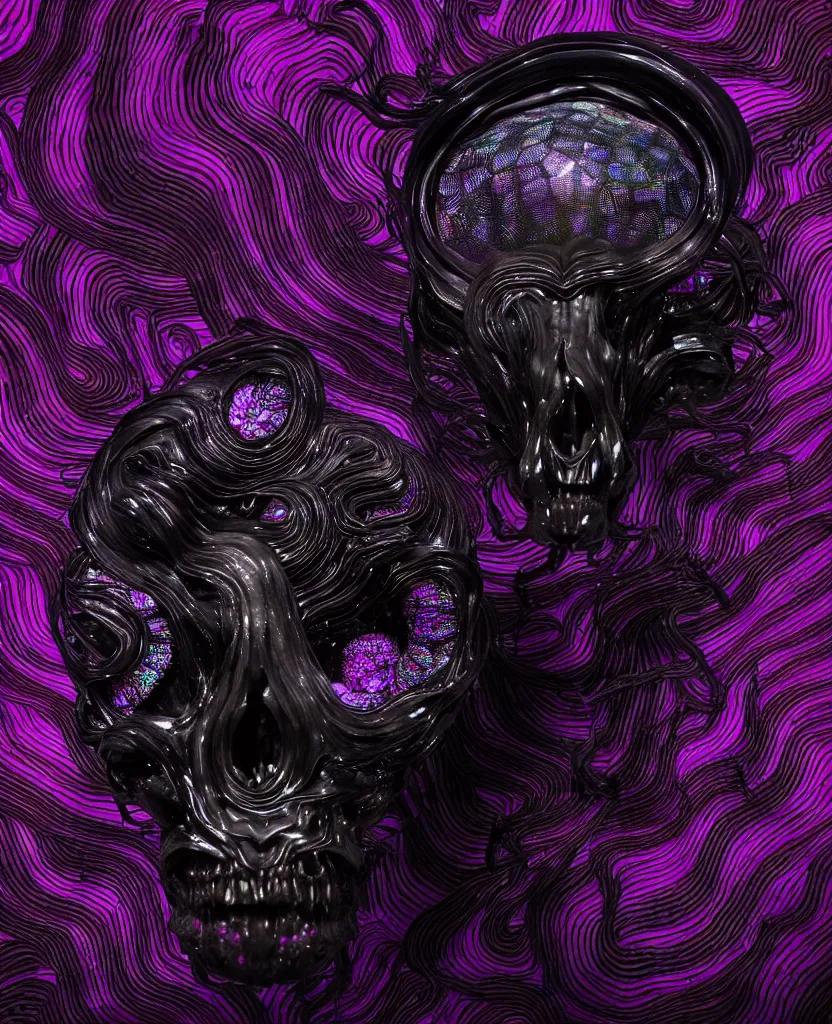 Image similar to fully black background. background hex 000000. goddess princess face close-up portrait ram skull. made of dichroic obsidian. jellyfish phoenix head, nautilus, orchid, skull, betta fish, bioluminiscent creatures, intricate artwork by Tooth Wu and wlop and beeple. octane render, trending on artstation, greg rutkowski very coherent symmetrical artwork. cinematic, hyper realism, high detail, octane render, 8k