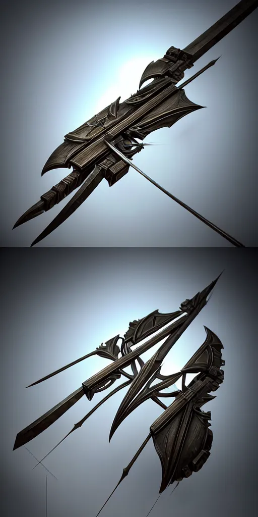 Image similar to a beautiful delicate huge mega bow and arrow weapon, solid background, electron flow, android, mechanical, metal, weapon design, fine texture structure, hyper detailed, perfect shadows, atmospheric lighting, 3 d render, in the style of pascal blanche and sparth juan zigor samaniego, paul pepera pablo roldan, displayed in the exhibition hall, 4 k hd