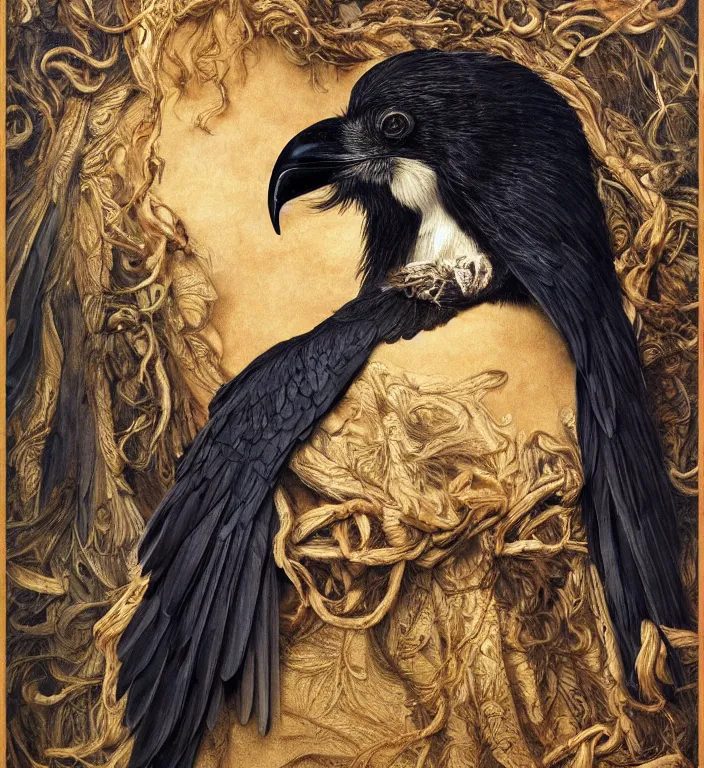 Prompt: a breathtakingly stunningly beautifully highly detailed portrait of a majestic raven, by rosetti and devinci and michael cheval and sidney cooper and turner, 4 k
