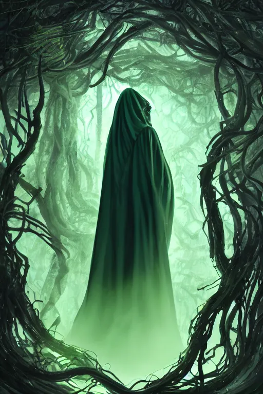 Image similar to A full body portrait of a ghost like shaman with no face, glowing eyes and a very long hooded dark green cloak of leaves and vines, forest spirits flying in the background art by Shaddy Safadi and Jason Chan, ominous, cosmic horror, trending on artstation, Ultra detailed, hyper realistic 4k