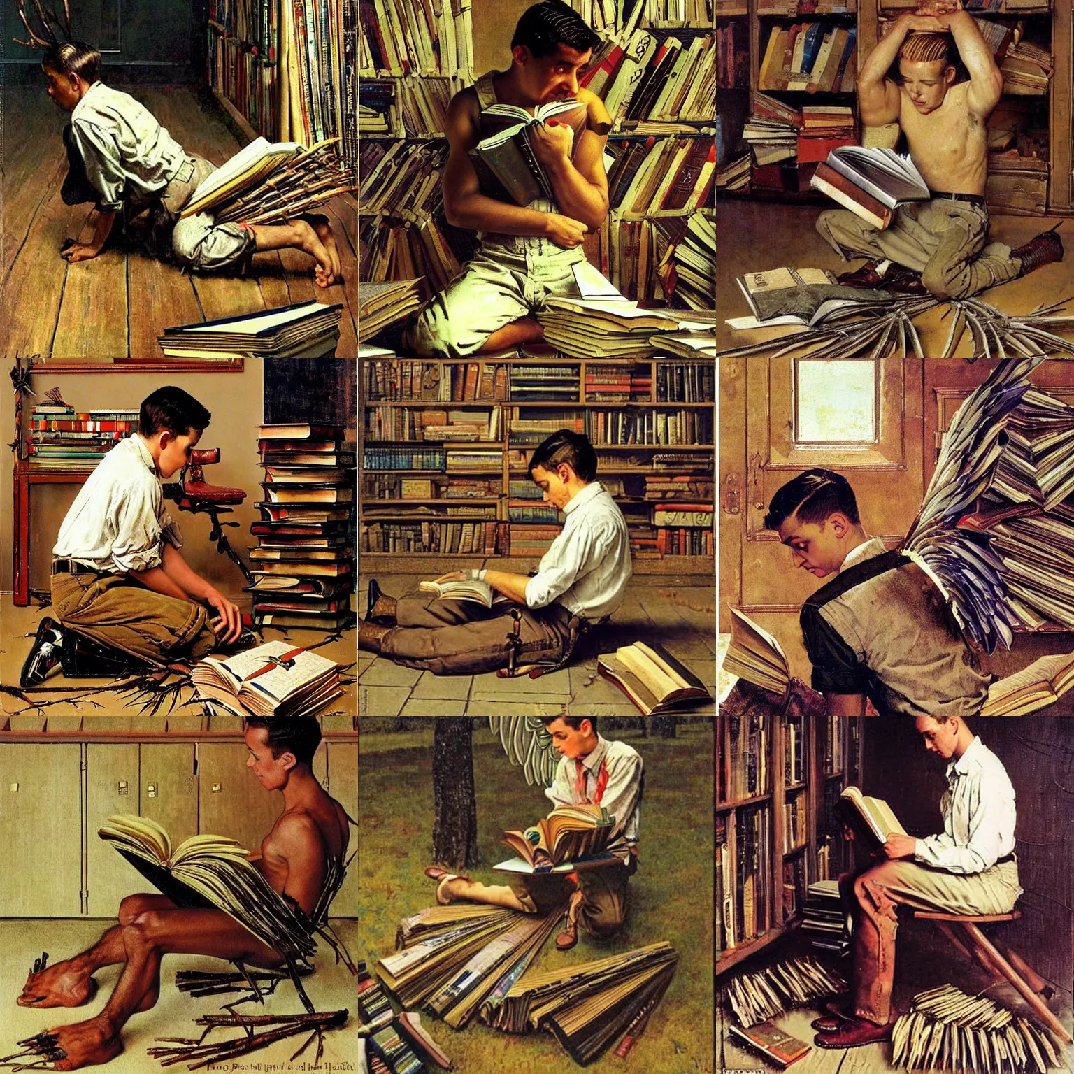 Prompt: an attractive young man is wearing on his back fake wings made from twigs. he is kneeling down on the floor, looking desperately at a few open books, fantasy painting by norman rockwell