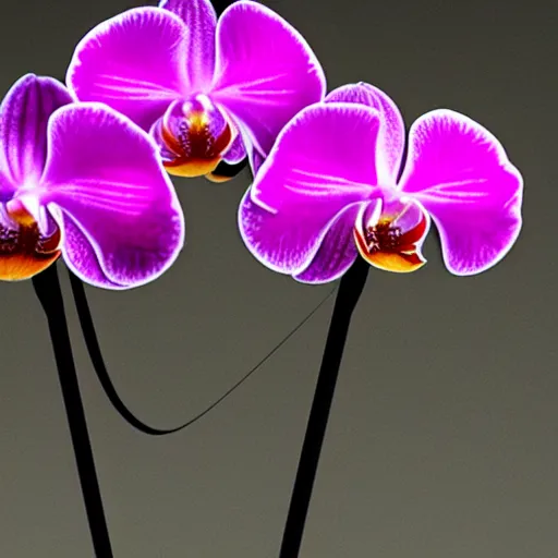 Prompt: an orchid flower, made of metal, cybertronic, reflective, glowing