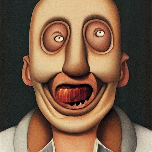 Image similar to a beautiful digital art of a giant head. the head is bald and has a big nose. the eyes are wide open and have a crazy look. the mouth is open and has sharp teeth. the neck is long and thin. hygge by richard hamilton ornamented