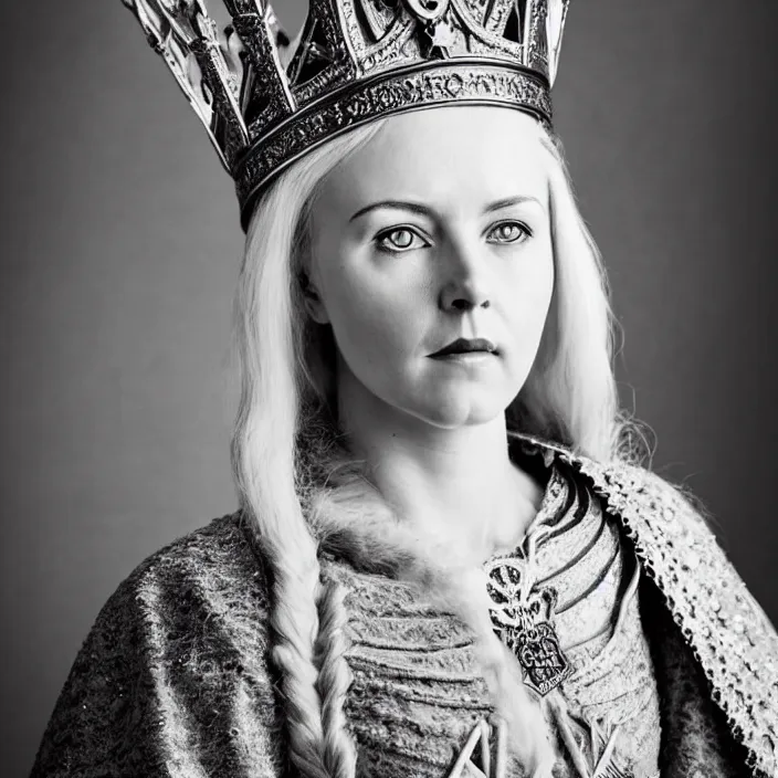 Prompt: portrait photograph of a real-life extremely beautiful!! nordic queen with ornate cloak and crown, looking at the camera!!. Extremely detailed.