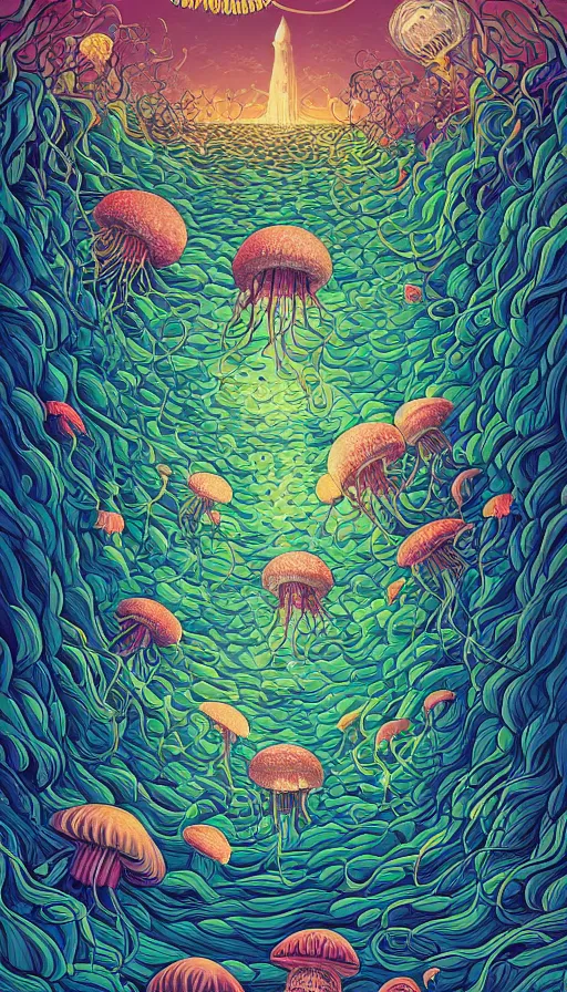 Image similar to The flowery land of the jellyfish, italian futurism, Dan Mumford, da vinci, Josan Gonzalez