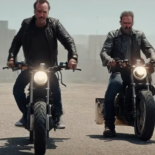 Image similar to VFX movie of Mark Zuckerbeg plays Terminator, rides a Harley motorobike, action scene be Emmanuel Lubezki