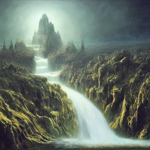 Image similar to the throne of abudance, matte painting, gold waterfalls | highly detailed oil painting, hyperrealistic, very intrincate | cinematic lighting, award - winning | by rachel ruysch, giger, beksinski and bocklin | by austin osman spare and william blake, trending on artstation, cgsociety, official art, octane.