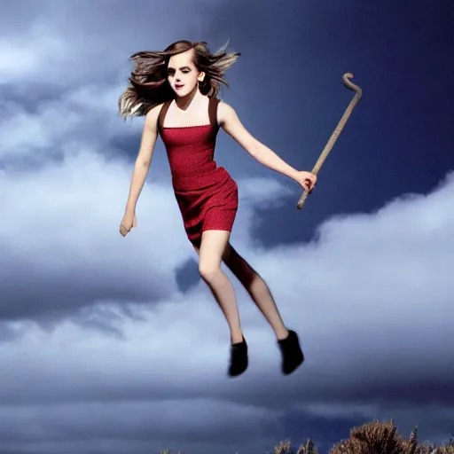 Image similar to Emma Watson flying on a broomstick in the clouds, full body shot