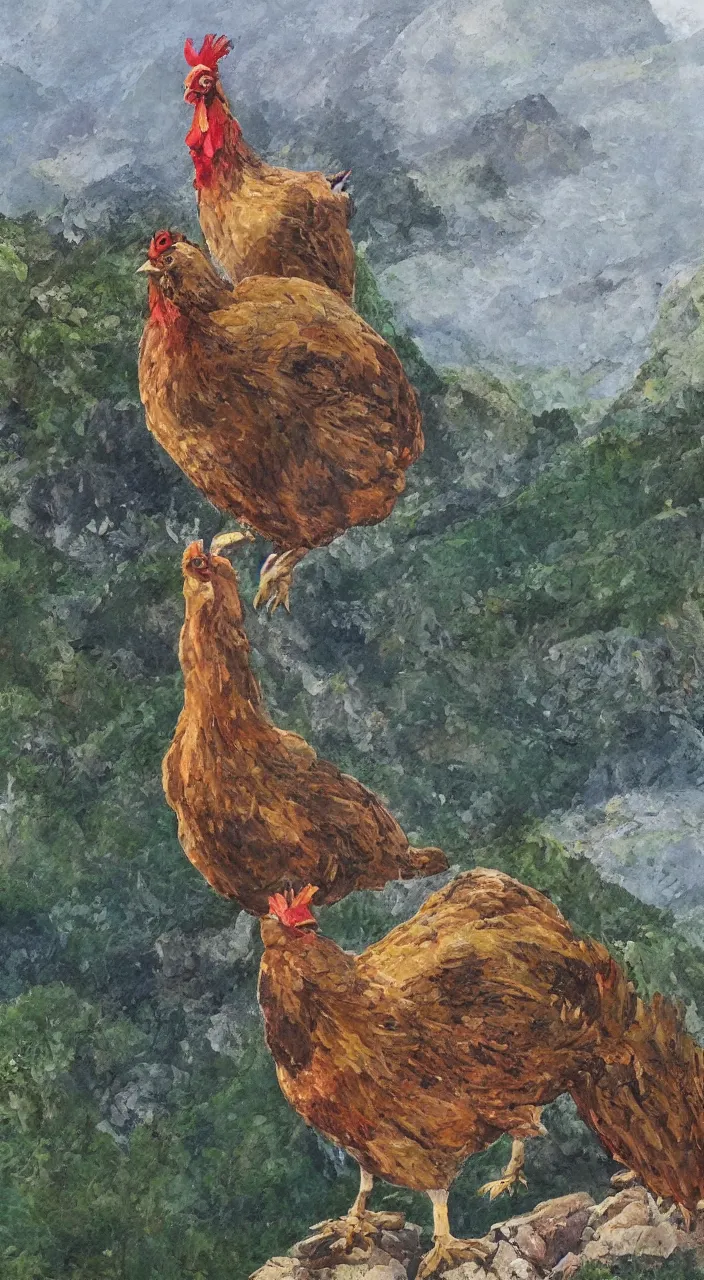 Image similar to giant chicken on a mountain top, elegant, painting