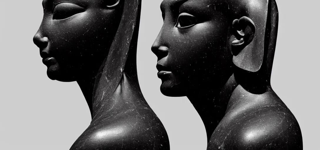 Image similar to symmetry!! one full beautiful female black marble sphinx body sculpture by daniel arsham and raoul marks, intricate, elegant, highly detailed, digital painting, artstation, smooth, sharp focus, all black features on a black background, delicate facial features, golden ratio composition, interconnected, liquid composition, conceptual sculpture, global light