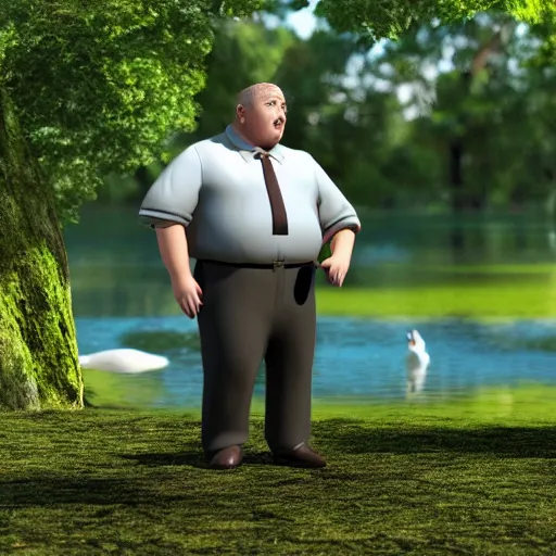 Image similar to a slightly overweight male pastor, walking by a pond, eating a sandwich, 3d render, cinematic shot, hyper realistic