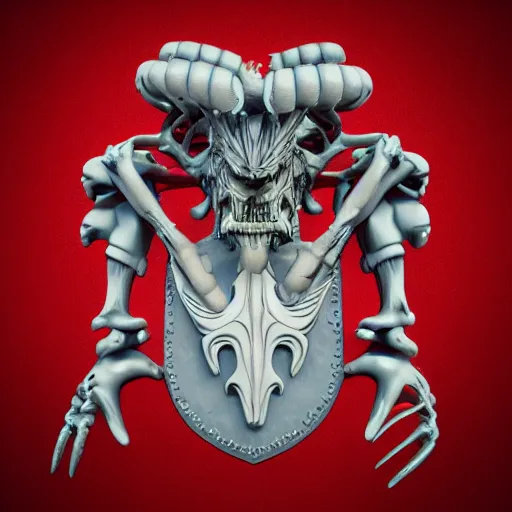 Image similar to 3d render of a xenomorphic old coat of arms with bones, nerves and veins